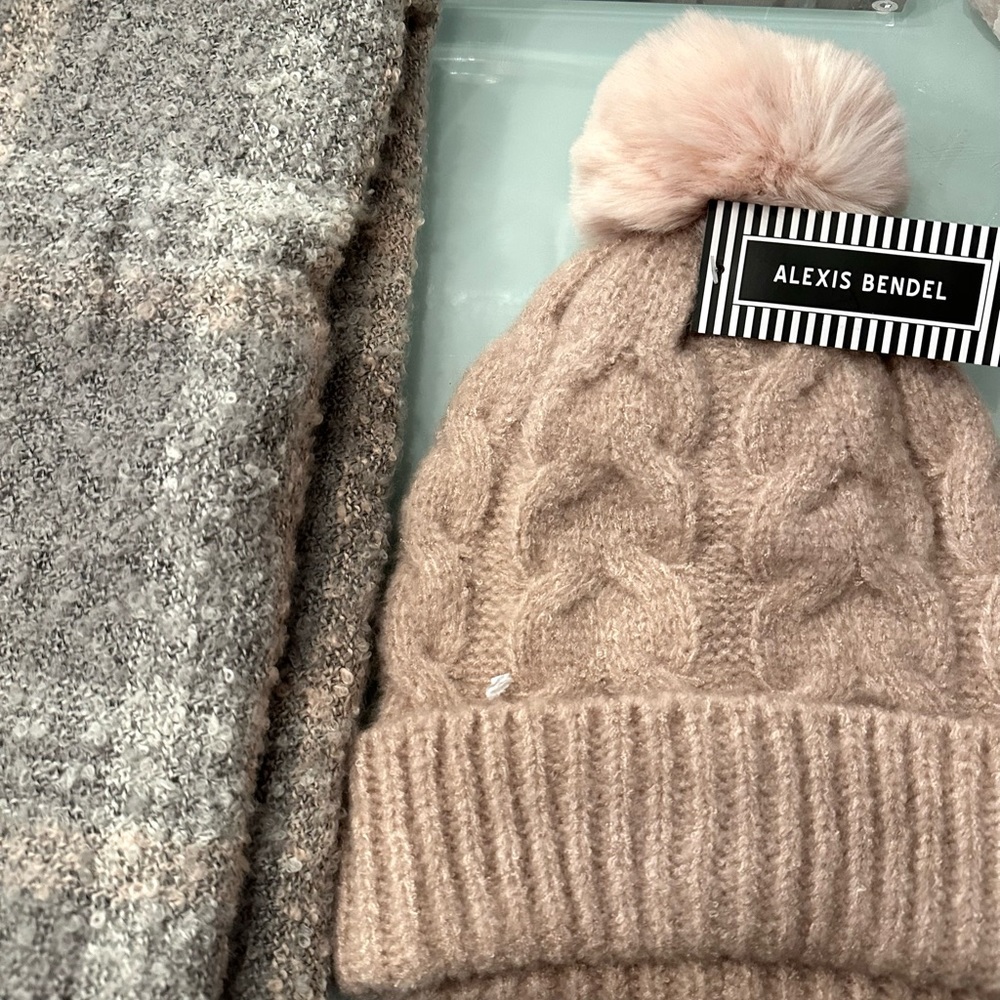 Pale pink and grey Valentine's Day hat and scarf set